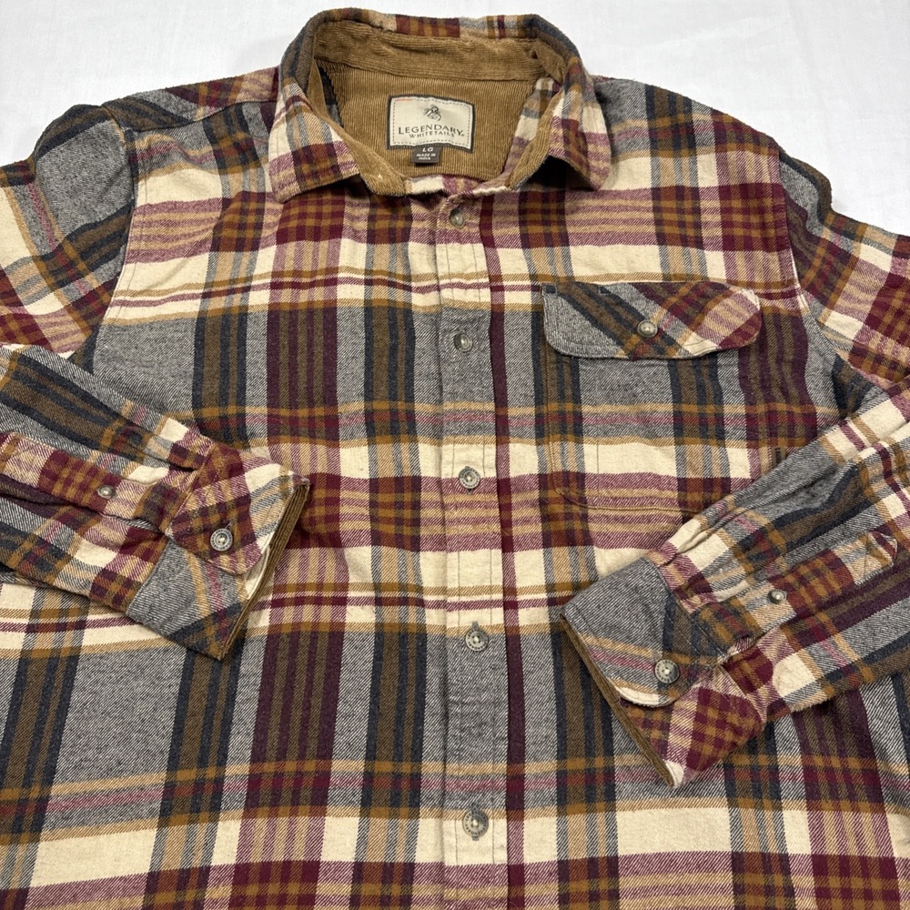 FLANNEL SHIRT Legendary Whitetails MENS LARGE MAROON/Beige/ CORDUROY Flip Cuff